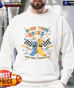 Alt Text: Nice Rock Your Socks World Down Syndrome Awareness Day Sweatshirt in vibrant colors, promoting awareness and support.