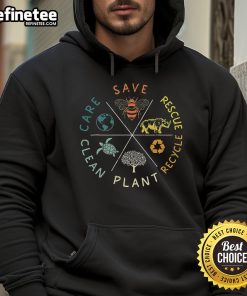 Eco-friendly hoodie featuring 'Save Bees' design, promoting animal rescue and plastic recycling for Earth Day.