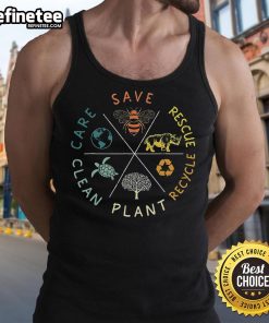 Eco-friendly tank top promoting bee rescue and recycling for Earth Day, featuring vibrant graphics and a positive message.