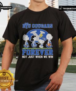 Alt Text: Snoopy and Peanuts characters on BYU Cougars Forever T-Shirt, celebrating loyalty beyond just winning.