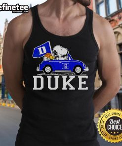 Alt Text: Snoopy and Woodstock driving in a Duke Blue Devils basketball tank top, perfect for fans and summer sports wear.