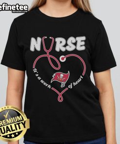 Nice Tampa Bay Buccaneers Nurse 'It's a Work of Heart' Ladies Tee showcasing team spirit and healthcare pride.