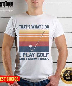Alt Text: Vintage T-shirt featuring the phrase Nice Thats What I Do I Play Golf And I Know Things in stylish typography.