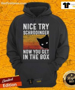 Vintage cat hoodie featuring a playful Schrodinger theme with the phrase Nice Try Schrodinger, Now You Get in the Box.