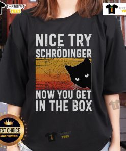 Vintage Cat Ladies Tee featuring 'Nice Try Schrdinger, Now You Get in the Box' design, perfect for cat lovers.