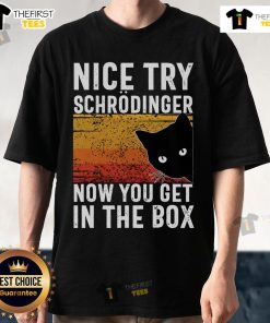 Alt Text: Vintage cat t-shirt featuring Schrodinger's cat with the phrase Nice Try Schrodinger, Now You Get In The Box.