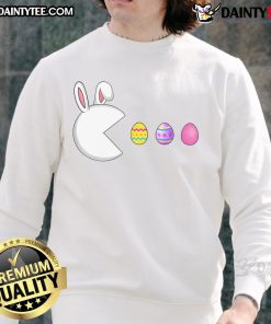 Alt Text: Cute video game bunny and colorful Easter eggs on a gaming sweatshirt for boys and men, perfect for gamers.