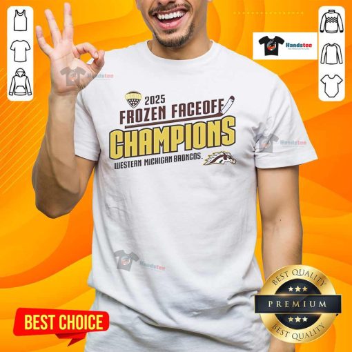Alt Text: Western Michigan Broncos 2025 Frozen Faceoff Champion T-Shirt showcasing fan spirit and team pride.