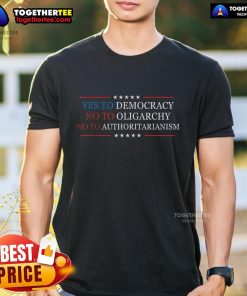 Bernie Sanders T-shirt featuring 'Yes To Democracy No To Oligarchy' slogan, promoting political activism and social justice.