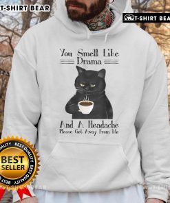 Black cat coffee hoodie featuring the phrase 'You Smell Like Drama And A Headache' for cat lovers and coffee enthusiasts.