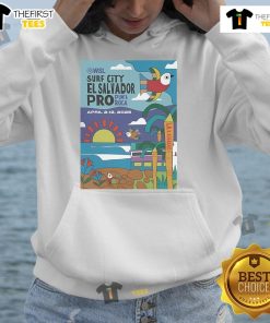 Official 2025 Surf City El Salvador Pro poster hoodie featuring vibrant graphics and comfortable design for surf enthusiasts.