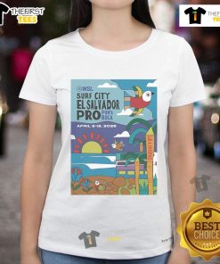 2025 Surf City El Salvador Pro poster on a ladies tee, featuring vibrant graphics and event details for surf enthusiasts.