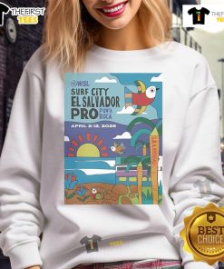 Official 2025 Surf City El Salvador Pro poster sweatshirt featuring vibrant design and surf-inspired graphics.