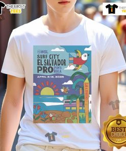 Official 2025 Surf City El Salvador Pro Poster T-Shirt featuring vibrant graphics and surf-themed design.
