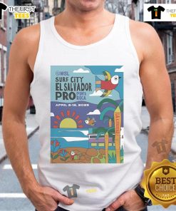 Official 2025 Surf City El Salvador Pro Poster Tank Top showcasing vibrant surf graphics and event details.