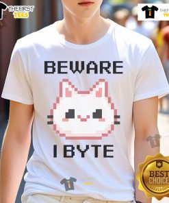 8-Bit Cute Vampire Cat Pixel Video Game T-Shirt with 'Beware I Byte' graphic design for gamers and cat lovers.