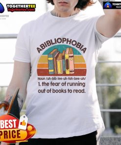 Vintage T-shirt design featuring 'Abibliophobia' - the fear of running out of books to read, perfect for book lovers.