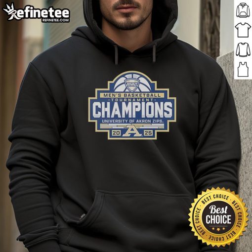 Official Akron Zips 2025 MAC Men's Basketball Conference Tournament Champions Hoodie in navy blue with logo design.