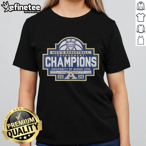 Official Akron Zips 2025 MAC Men's Basketball Conference Tournament Champions ladies tee featuring team colors and logo.