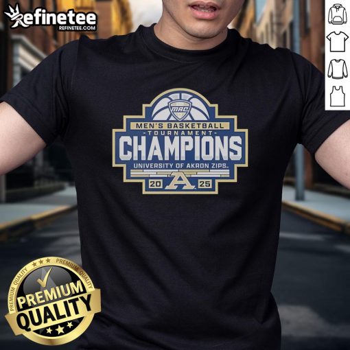 Akron Zips 2025 MAC Men's Basketball Conference Tournament Champions T-Shirt featuring team logo and vibrant design.