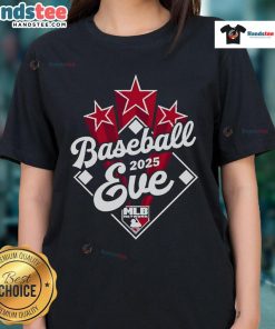 Alt Text: 2025 MLB Network logo on a ladies tee for Official Baseball Eve, showcasing team spirit and style.