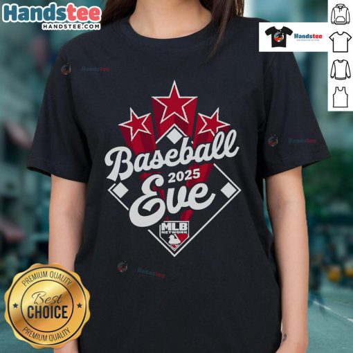 Alt Text: 2025 MLB Network logo on a ladies tee for Official Baseball Eve, showcasing team spirit and style.
