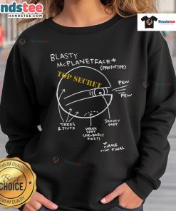 Cozy Official Blasty McPlanetFace sweatshirt displayed on a hanger, featuring a vibrant graphic design and soft fabric.