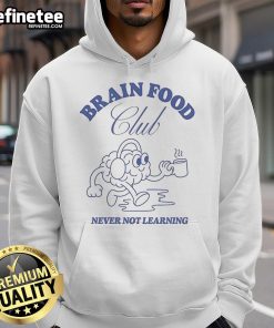 Official Brain Food Club hoodie featuring 'Never Not Learning' design, coffee, music, and headphones for creative minds.