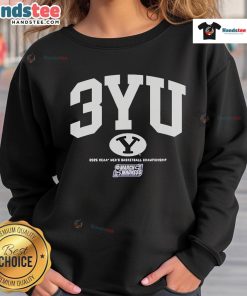 Official BYU Cougars 2025 NCAA Men's Basketball Championship March Madness sweatshirt featuring team colors and logo.