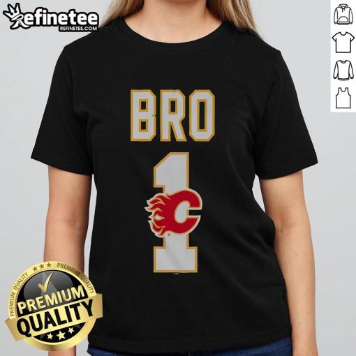 Official Calgary Flames Number 1 Bro Ladies Tee featuring team colors and logo, perfect for female fans.