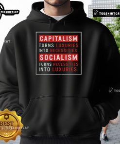 Official hoodie featuring the quote on capitalism and socialism: 'Capitalism Turns Luxuries Into Necessities, Socialism Turns Necessities Into Luxuries.'