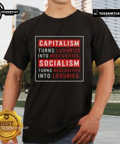 Official Capitalism Turns Luxuries Into Necessities Socialism Turns Necessities Into Luxuries T-Shirt design graphic.
