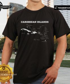 Alt Text: Official Caribbean Islands Map T-Shirt featuring detailed West Indies maps and vibrant Caribbean designs.