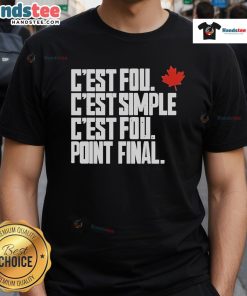 Official C'Est Fou C'Est Simple C'Est Fou Point Final T-Shirt displayed on a hanger, showcasing its unique design and vibrant colors.