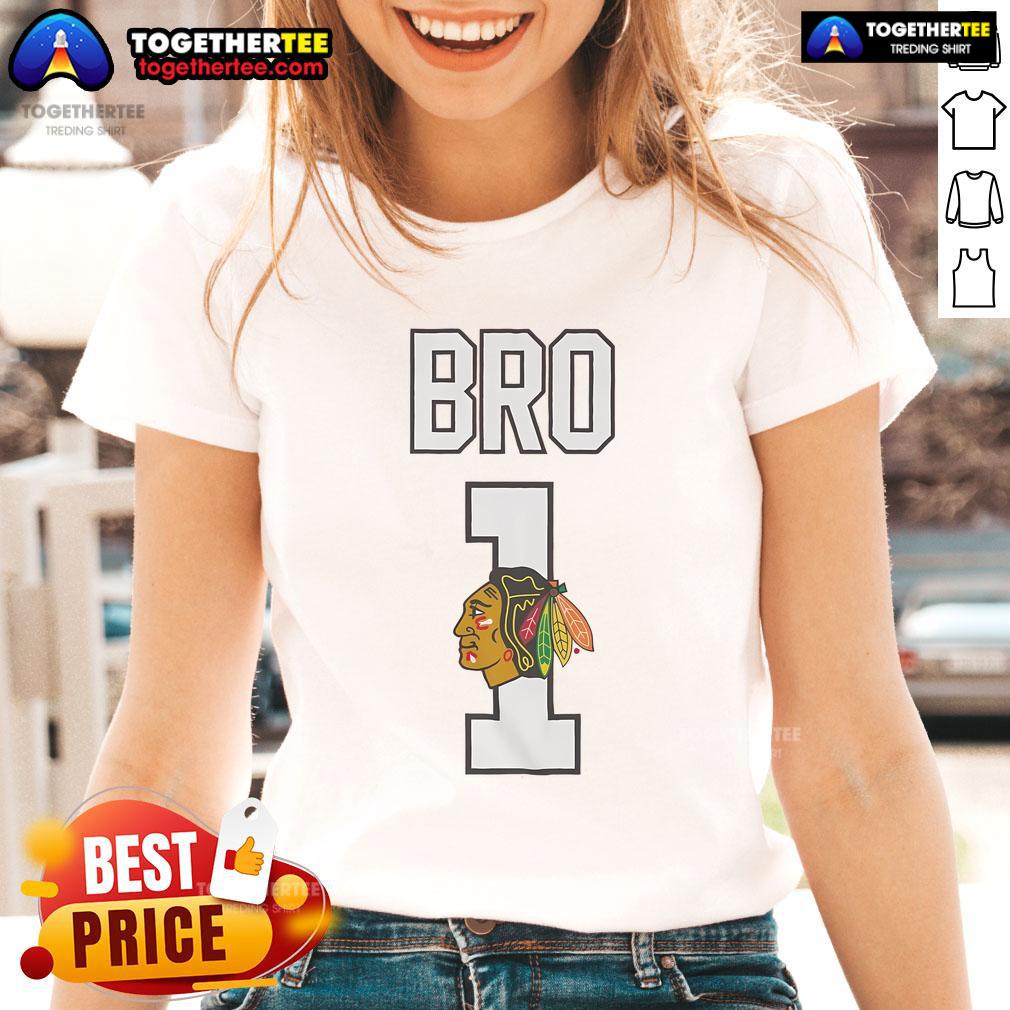 Official Chicago Blackhawks Number 1 Bro Ladies Tee Alt Text: Official Chicago Blackhawks Number 1 Bro Ladies Tee featuring stylish design and team logo for female fans.