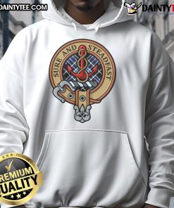 Alt Text: Official Clan Clark Crest over tartan design on a Sure and Steadfast hoodie, perfect for clan pride and style.