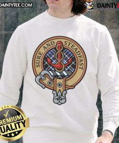 Alt Text: Official Clan Clark crest over tartan design on a Sure and Steadfast sweatshirt, showcasing Scottish heritage.