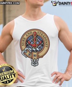 Alt Text: Official Clan Clark crest over tartan design on a Sure and Steadfast tank top, showcasing Scottish heritage.
