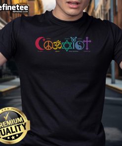 Official Coexist Peace Religion Equality Rights Humanity Spirituality T-Shirt featuring a vibrant coexist symbol design.