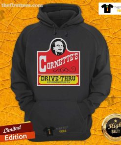 Official Cornettes Drive-Thru Old Fashioned Wrestling Talk Hoodie featuring a vintage wrestling design and logo.