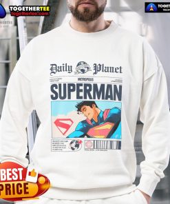 Official Daily Planet Superman newspaper sweatshirt featuring iconic logo and stylish design for fans of comics and superheroes.