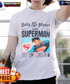 Official Daily Planet Superman newspaper T-shirt featuring iconic logo and vintage design for superhero fans.