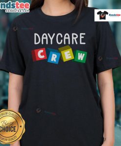 Official Daycare Crew ladies tee featuring vibrant design for childcare providers, perfect for casual or work wear.