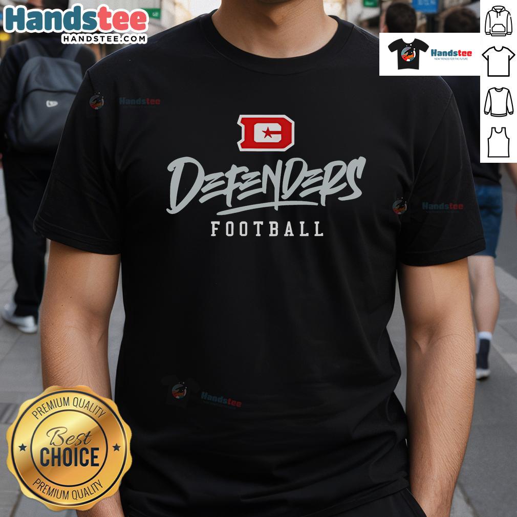 Official Dc Defenders Stylized Text T Shirt Alt Text: Official DC Defenders stylized text T-shirt featuring bold graphics and vibrant colors for fans and supporters.