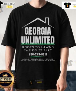 Alt Text: Official Georgia Unlimited Roofs To Lawns T-Shirt showcasing a vibrant design for versatile home service enthusiasts.
