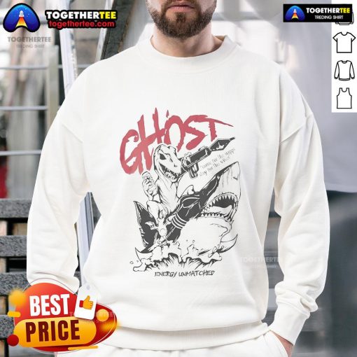 Alt Text: Official Ghost Icon Energy Unmatched sweatshirt with 'Come for the Supps, Slay for the Vibes' slogan in bold design.