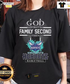 Official God First Family Second Charlotte Hornets Basketball Ladies Tee in vibrant colors, perfect for fans.