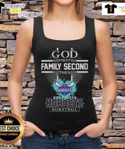 Official God First Family Second Charlotte Hornets basketball tank top featuring team colors and logo design.