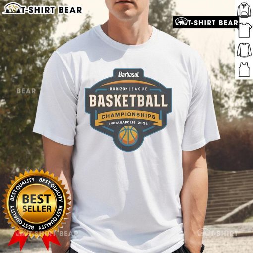 Alt Text: Official Horizon League Basketball Championships Indianapolis 2025 logo t-shirt featuring vibrant colors and graphic design.