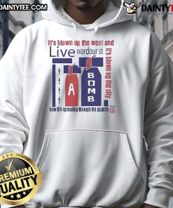 Official It's Blown Up The City hoodie on display at West End Live event, showcasing vibrant design and urban style.